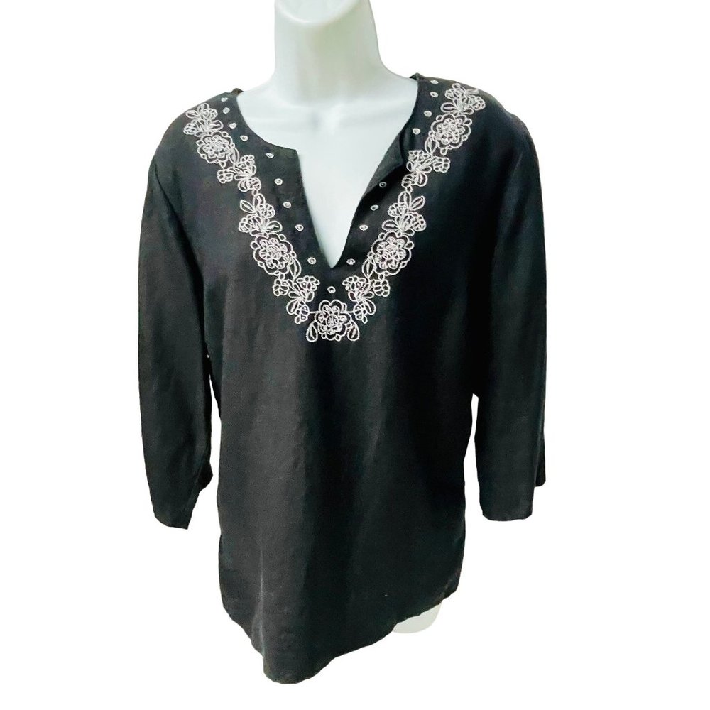 Elementz Linen Embroidery Beaded V neckline L 3/4 Sleeves